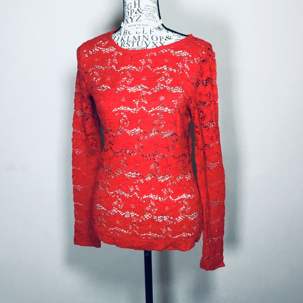 Red lace long sleeve top sheer stretchy layering romantic fairygrunge witchy S